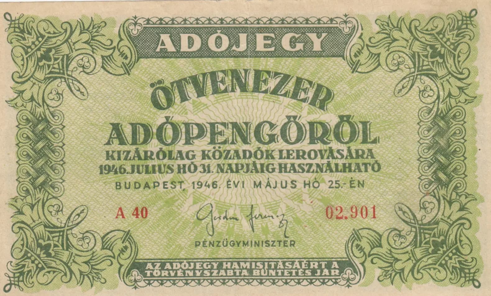 50 000 adopengö 1946 from Hungary, P-138a