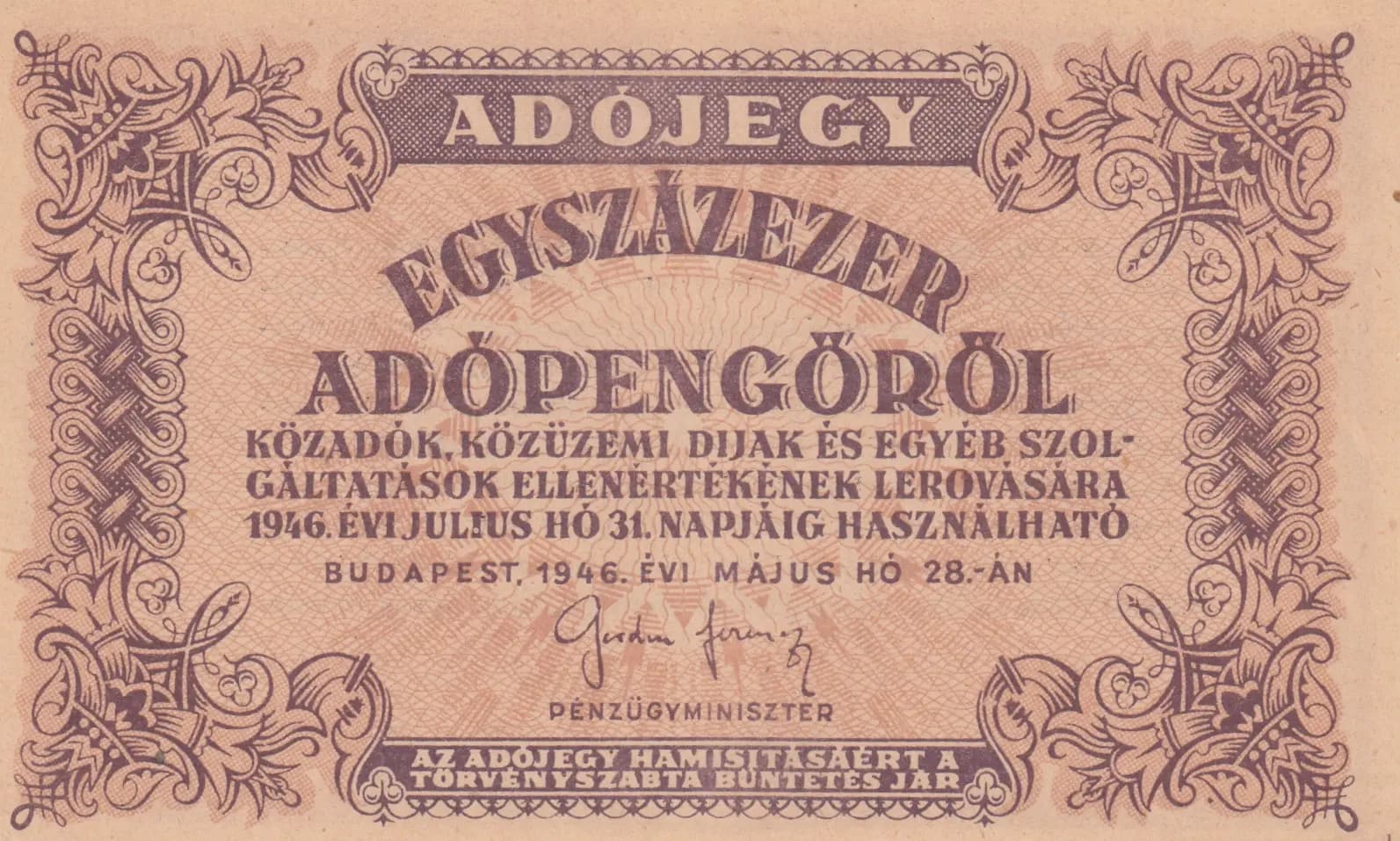 100 000 adopengö 1946 from Hungary, P-144b