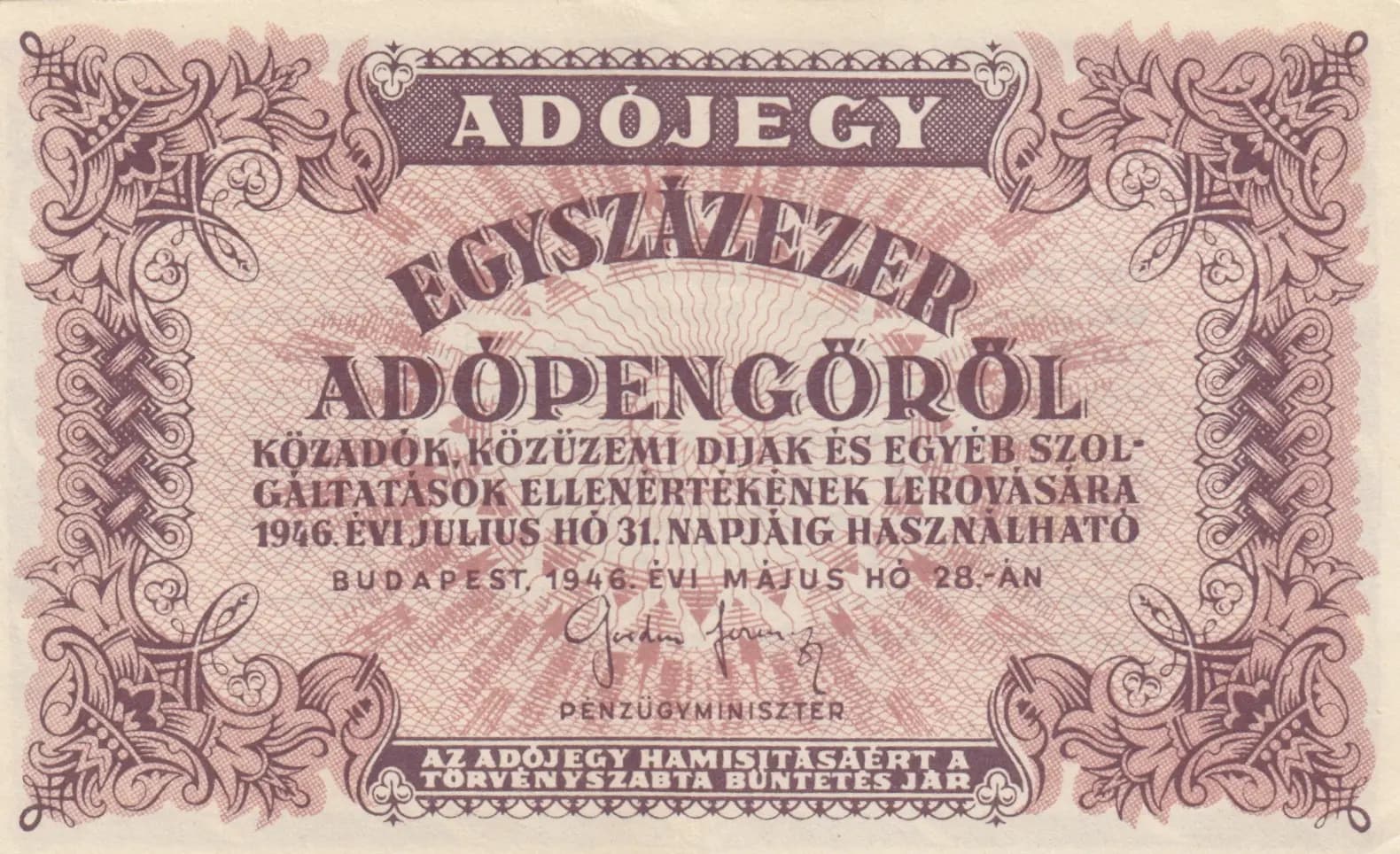 100 000 adopengö 1946 from Hungary, P-144e