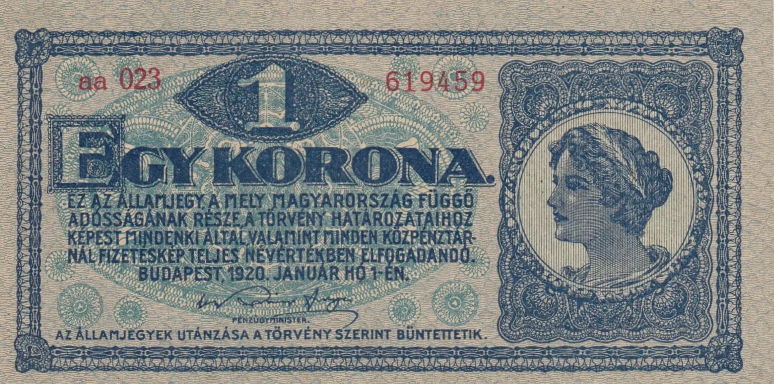 1 korona 1920 from Hungary, P-57 (1920) — image 1