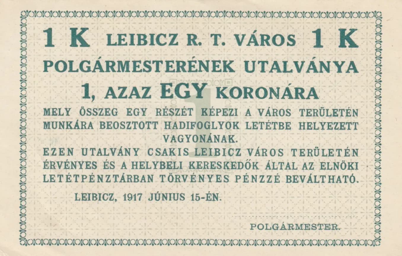 1 korona 1917 from Hungary, P-unlisted (1917) — image 1