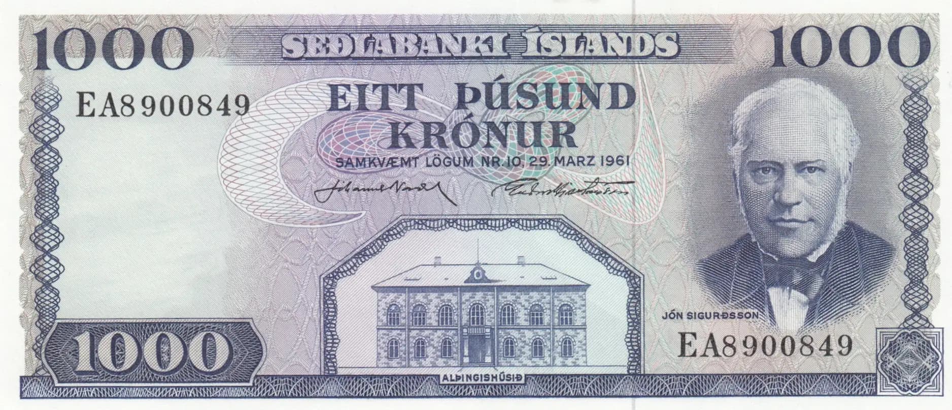 1000 kronur 1961  from Iceland, P-46(11)