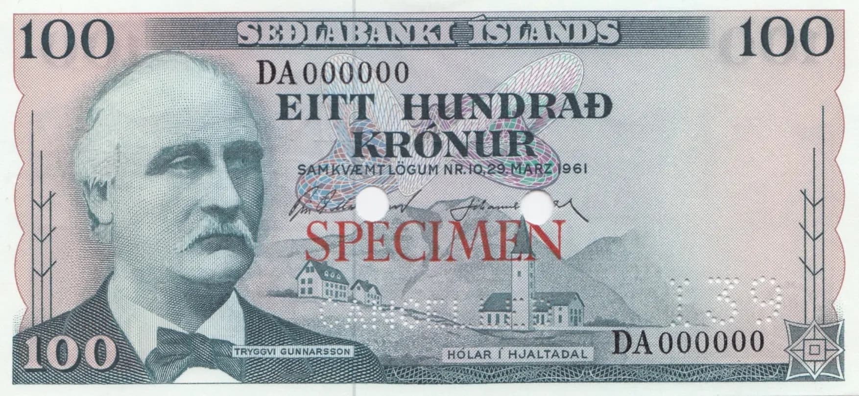 100 kronur 1961 specimen from Iceland, P-44s (1961) — image 1