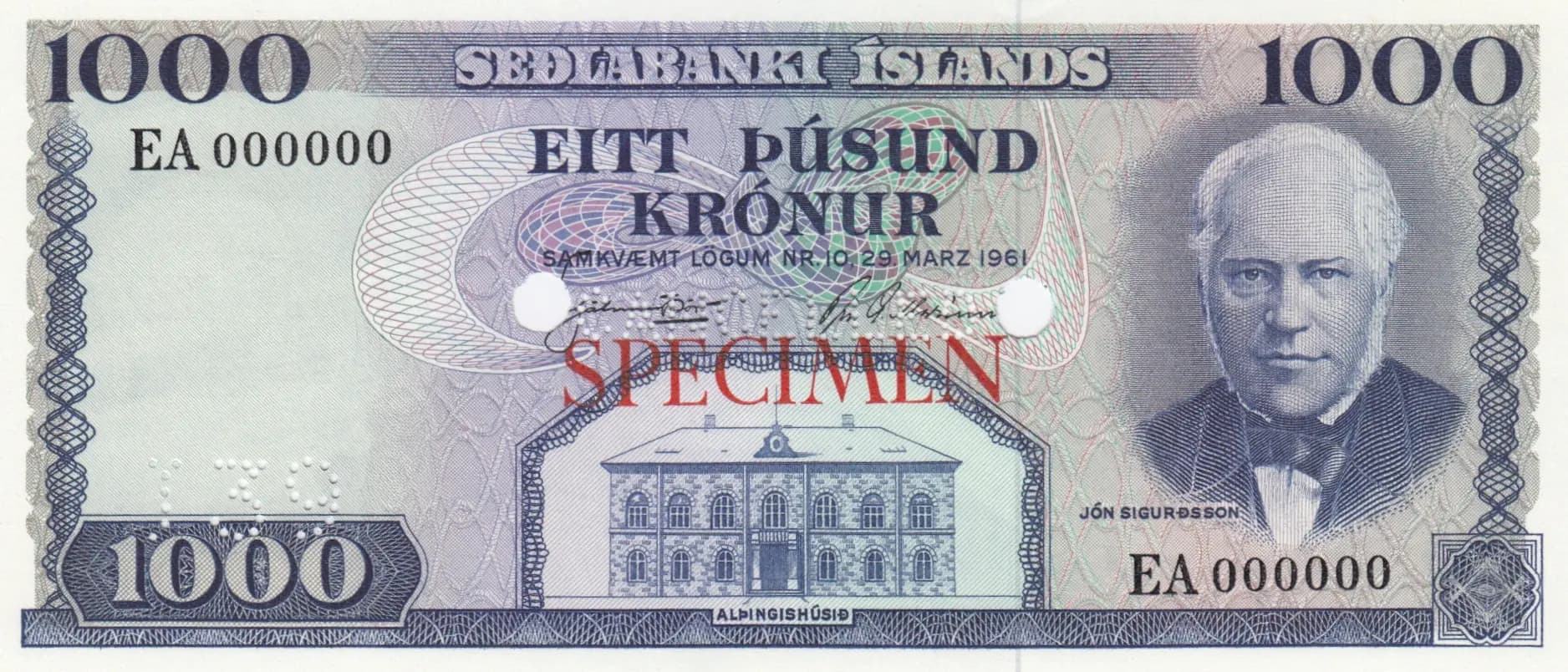 1000 kronur 1961 specimen from Iceland, P-46s (1961) — image 1