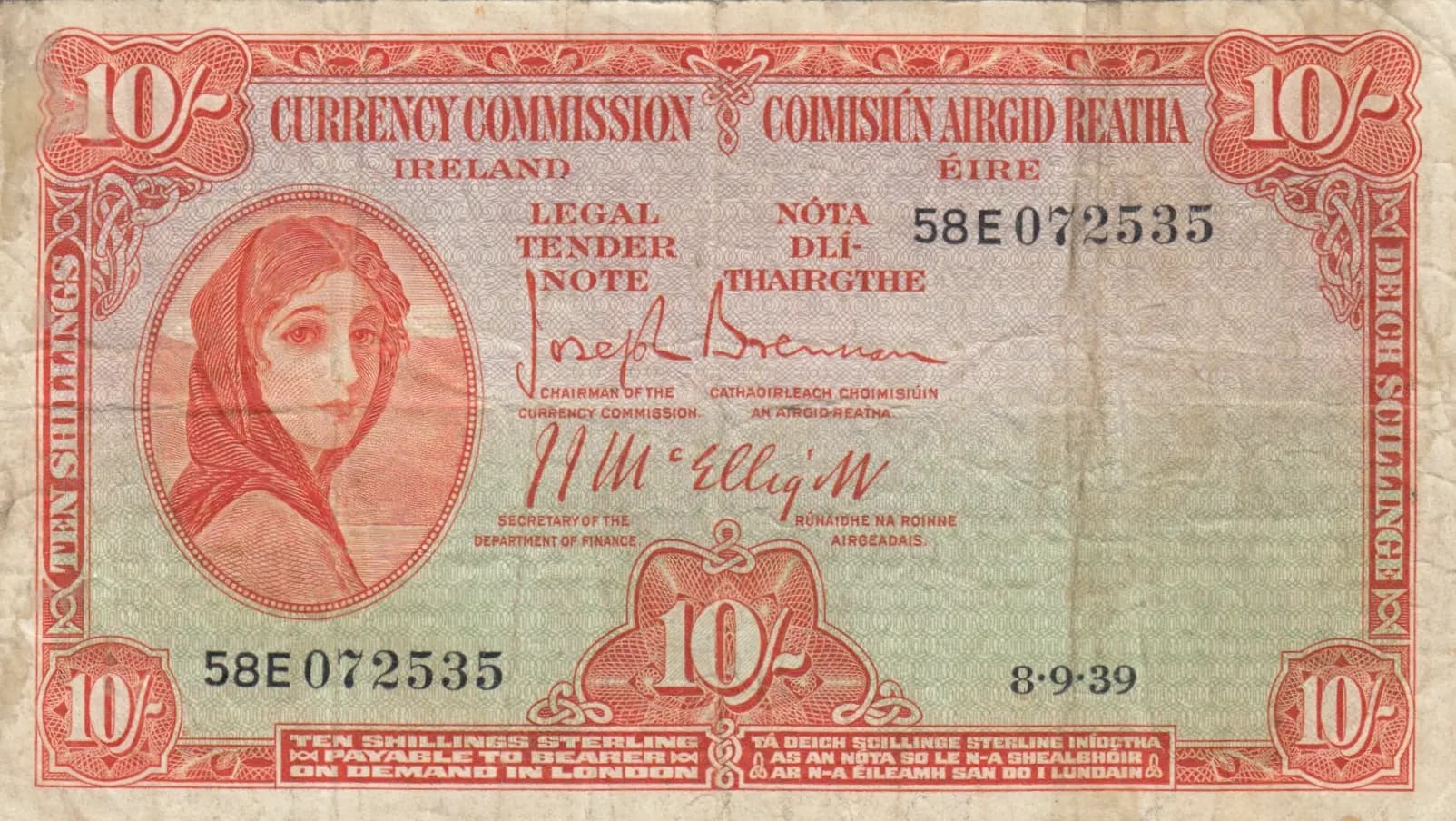 10 shillings 1939 from Ireland, P-1B