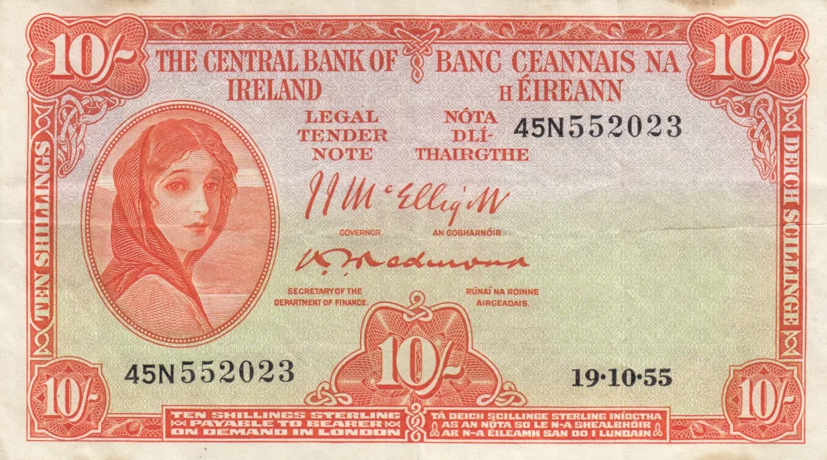 10 shillings 1955 from Ireland, P-56c