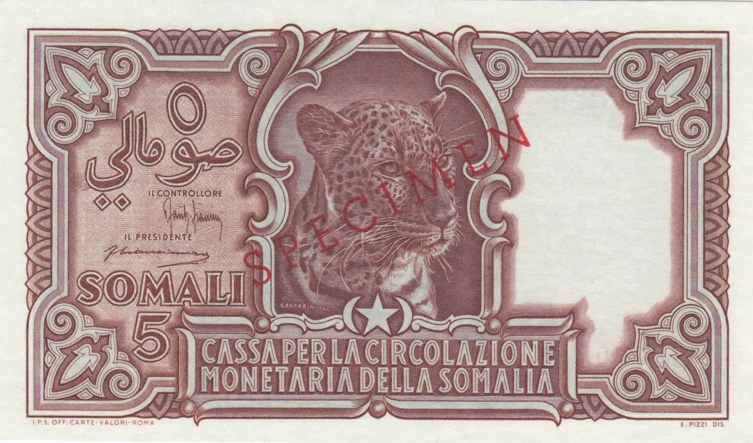 5 somali 1951 specimen from Italian Somaliland, P-16s