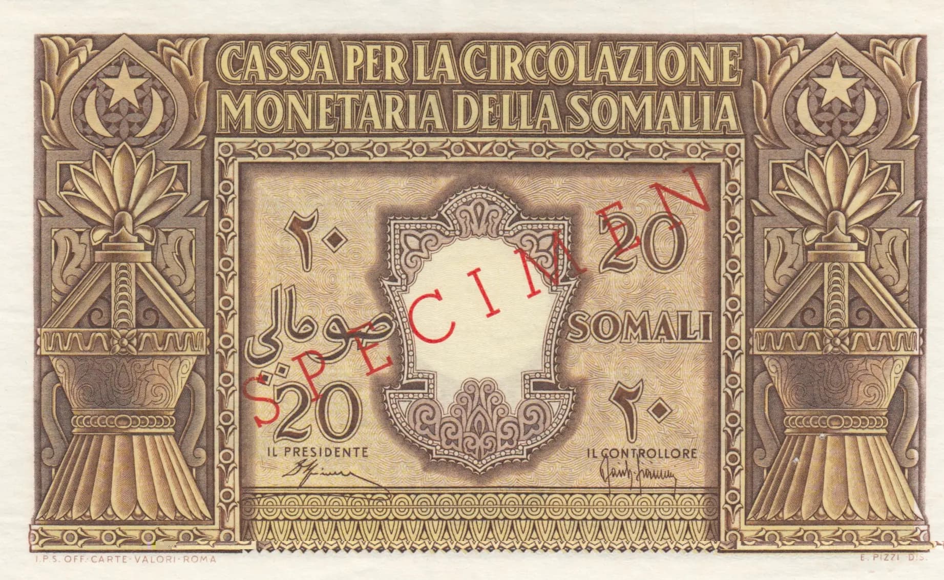 20 solami 1950 specimen from Italian Somaliland, P-14s (1950) — image 1