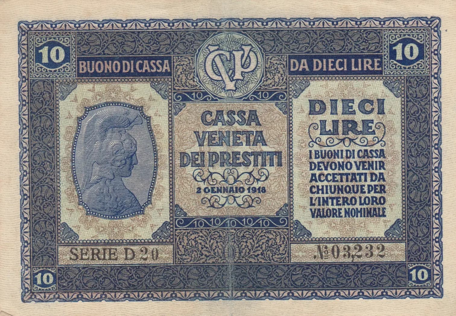 10 lire 1918 from Italy, P-M6 (1918) — image 1