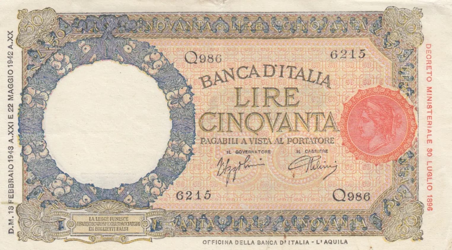 50 lire 1943 from Italy, P-58