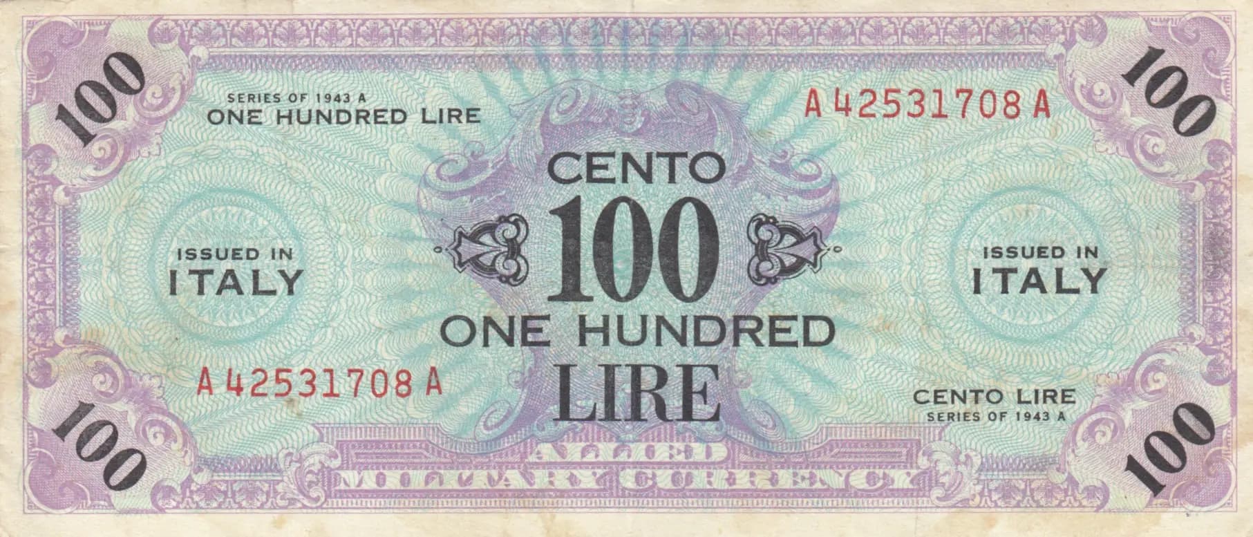 100 lire 1943A from Italy, P-M21a