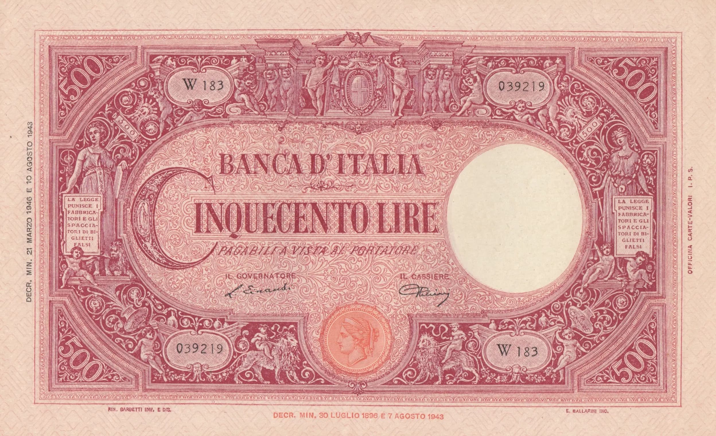 500 lire 1946 from Italy, P-70d (1946) — image 1