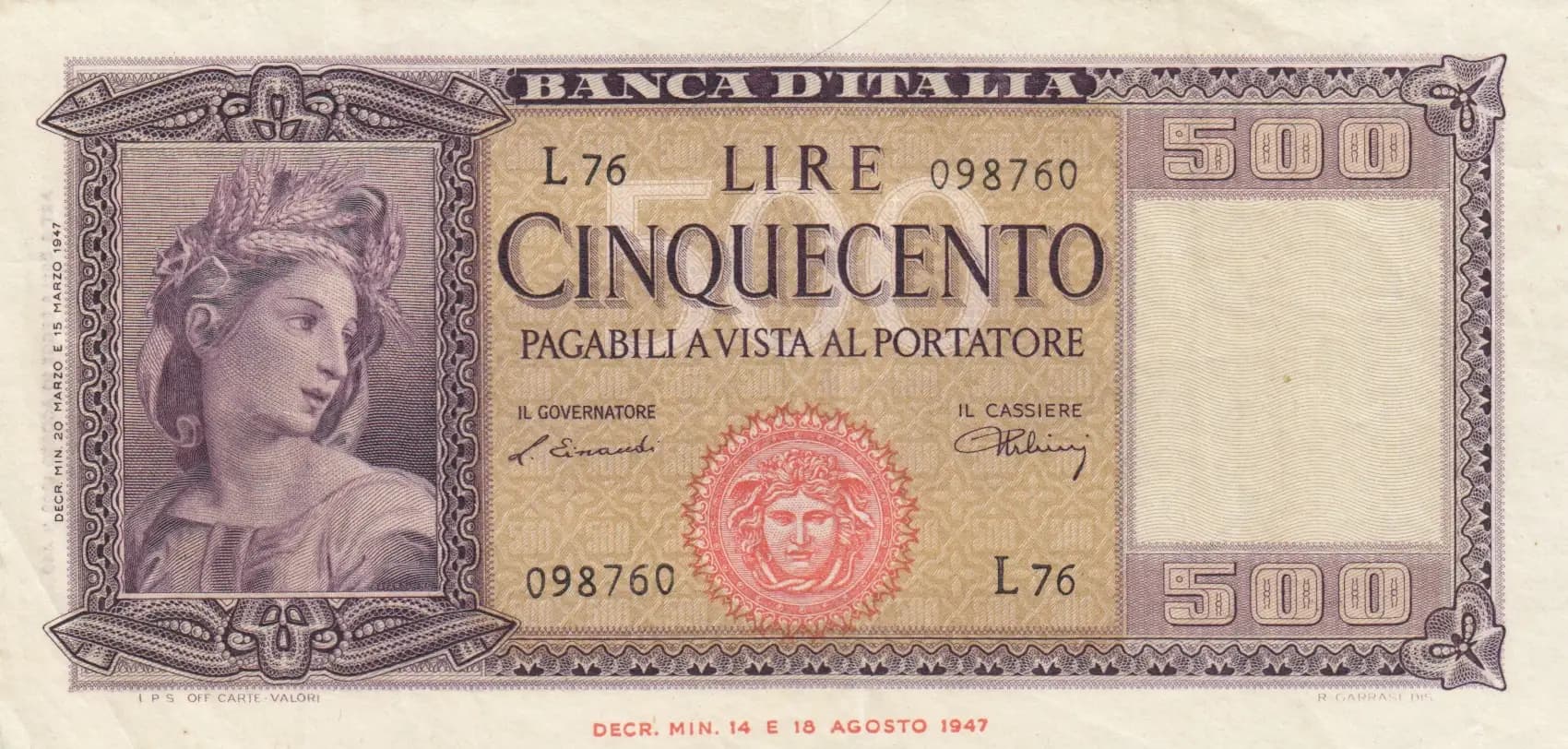 500 lire 1947 from Italy, P-80a (1947) — image 1