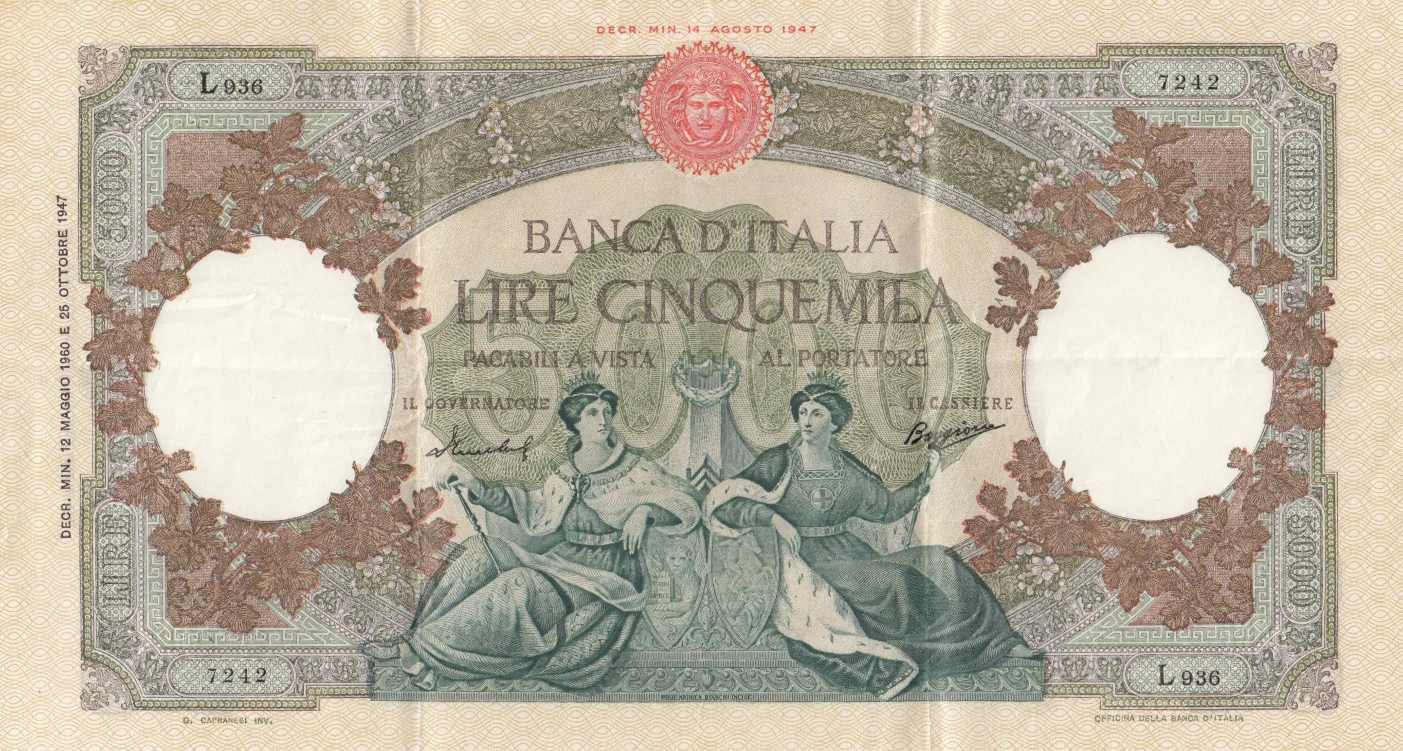 5000 lire 1960 from Italy, P-85c (1960) — image 1