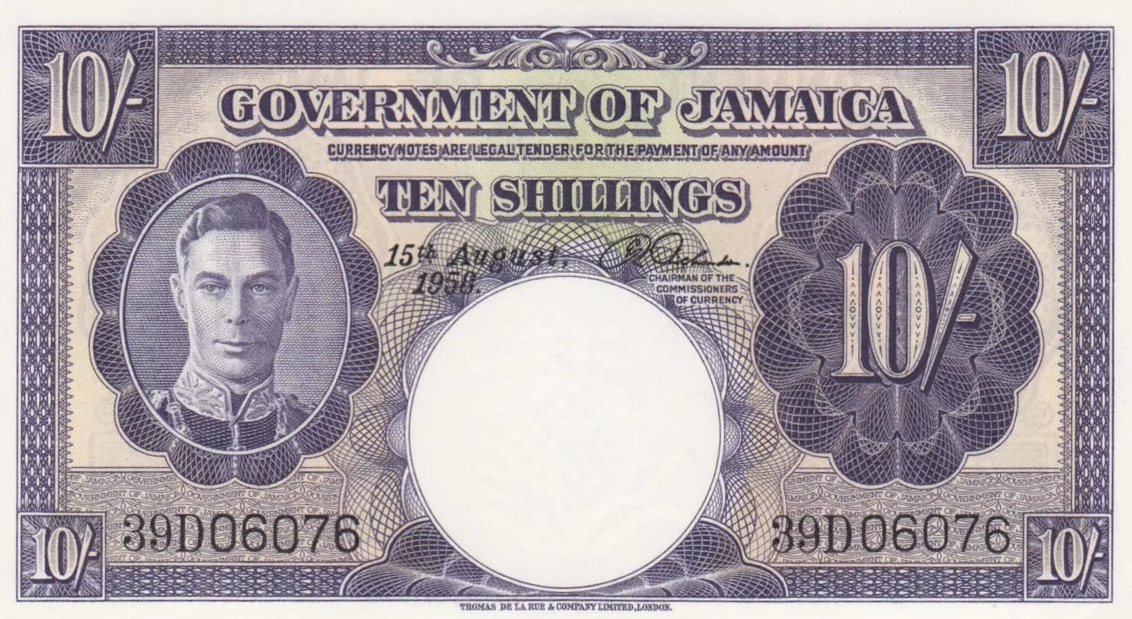 10 shillings 1958 from Jamaica, P-39