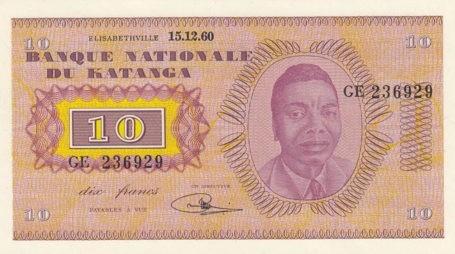 10 francs 1960 from Katanga, P-5a
