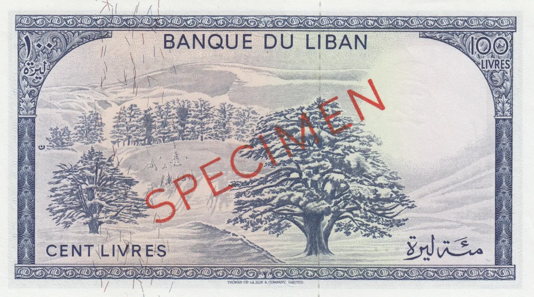 100 livres 1964 specimen from Lebanon, P-66s (1964) — image 2