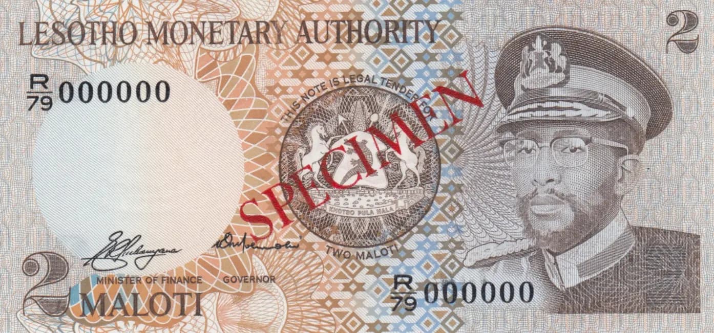 2 maloti 1979 specimen from Lesotho, P-1s