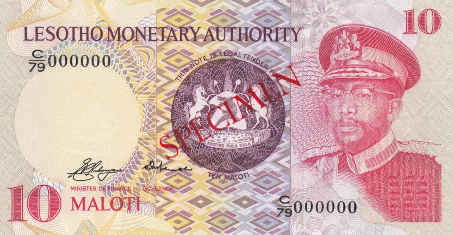 10 maloti 1979 specimen from Lesotho, P-3s