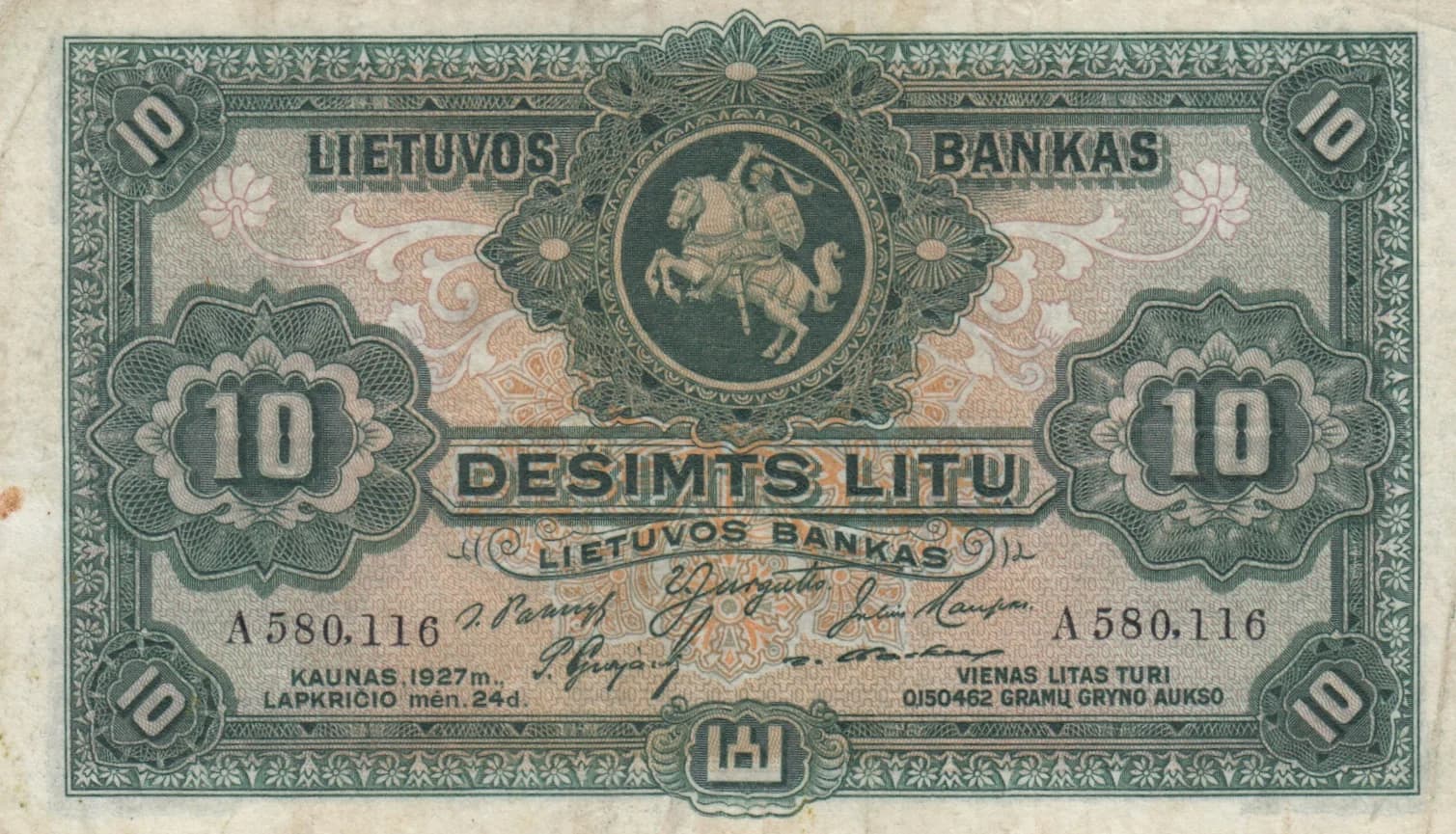10 litu 1927 from Lithuania, P-23