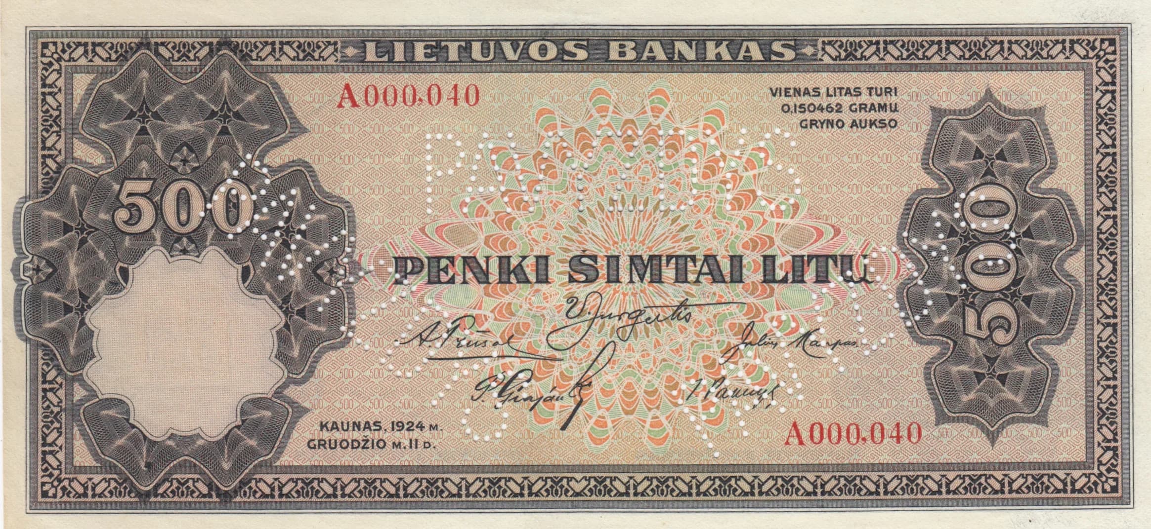 500 litu 1924 specimen from Lithuania, P-21s