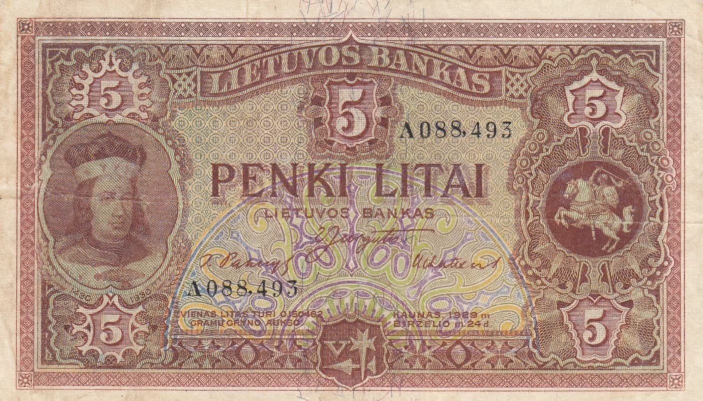 5 litai 1929 from Lithuania, P-26 (1929) — image 1