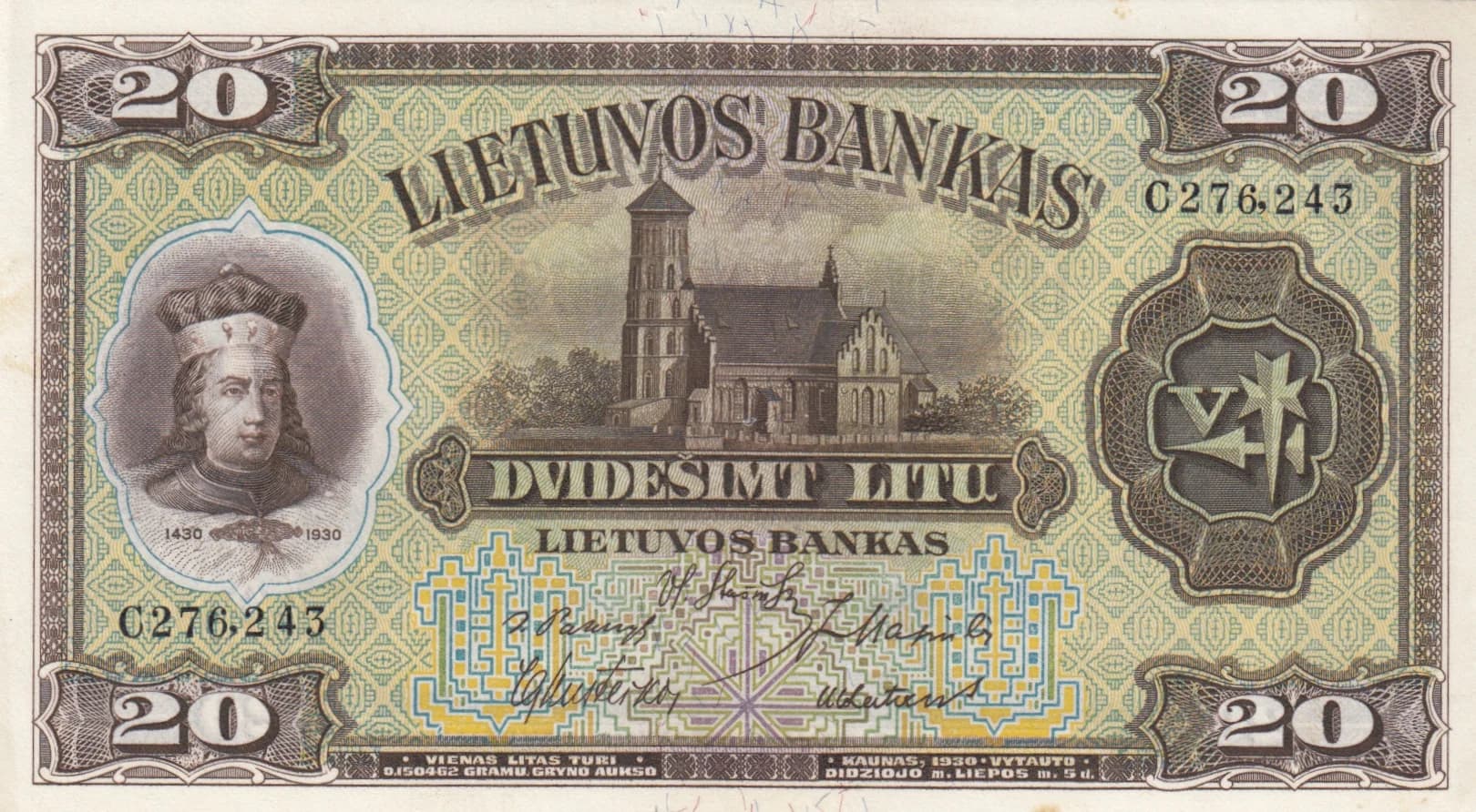 20 litu 1930 from Lithuania, P-27 (1930) — image 1