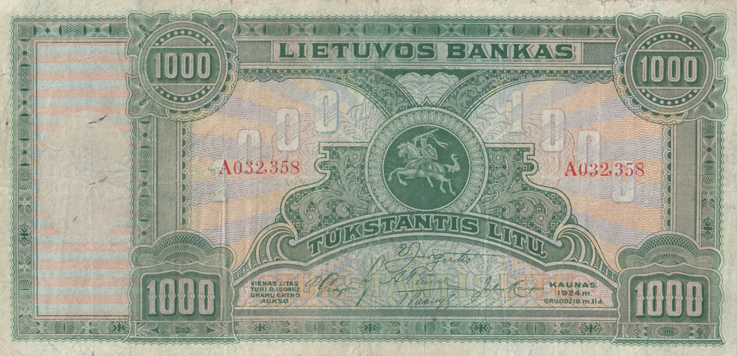 1000 litu 1924 from Lithuania, P-22 (1924) — image 1