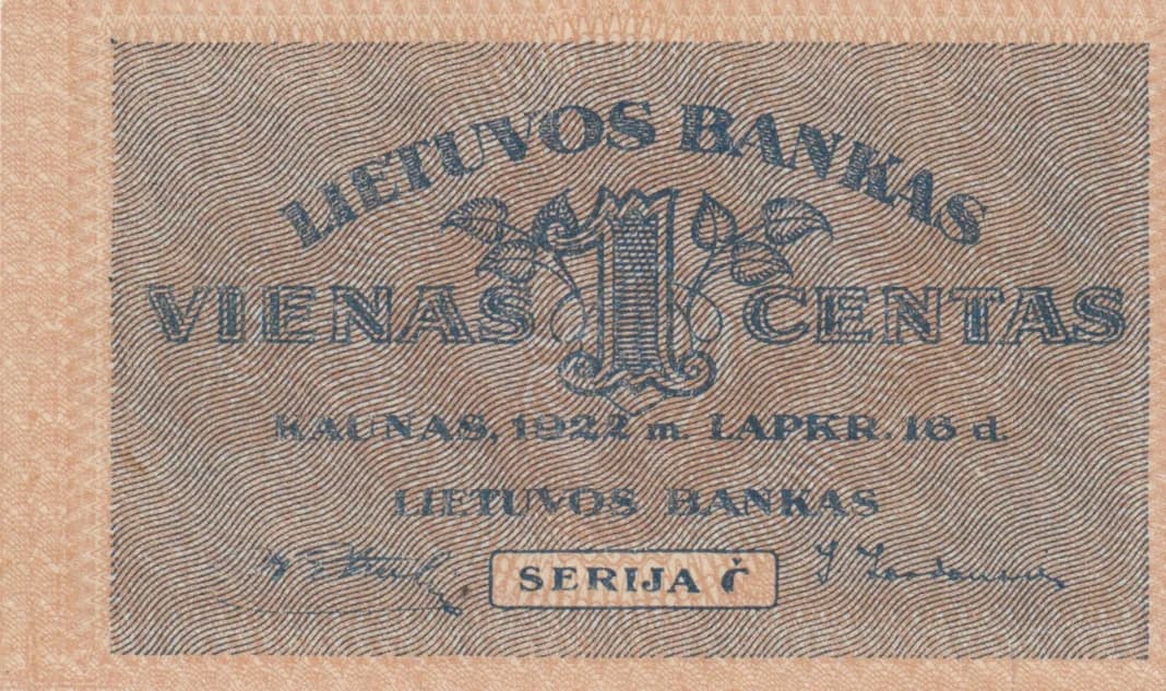 1 centas 1922 from Lithuania, P-7