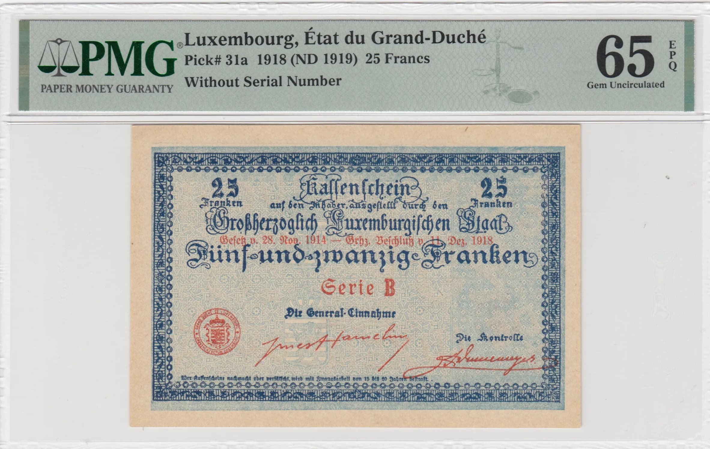 25 francs 1919 from Luxembourg, P-31a