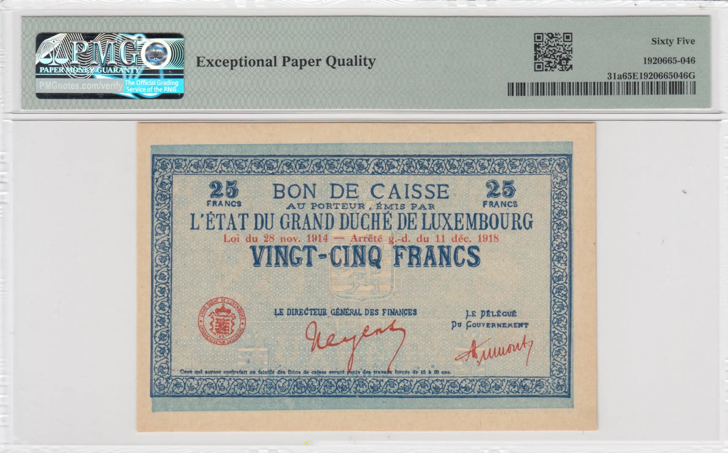 25 francs 1919 from Luxembourg, P-31a (1919) — image 2