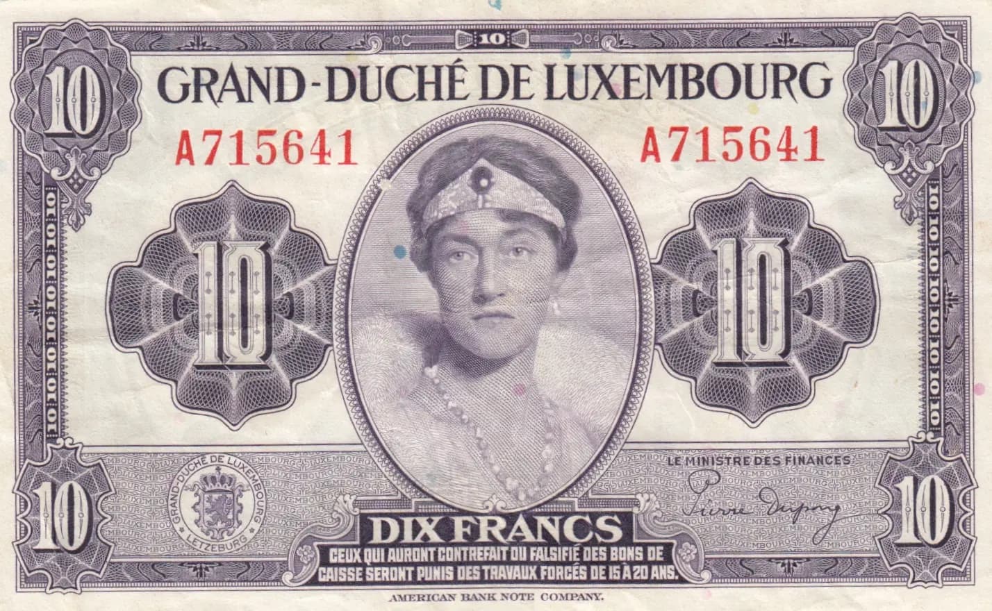 10 francs 1944 from Luxembourg, P-44