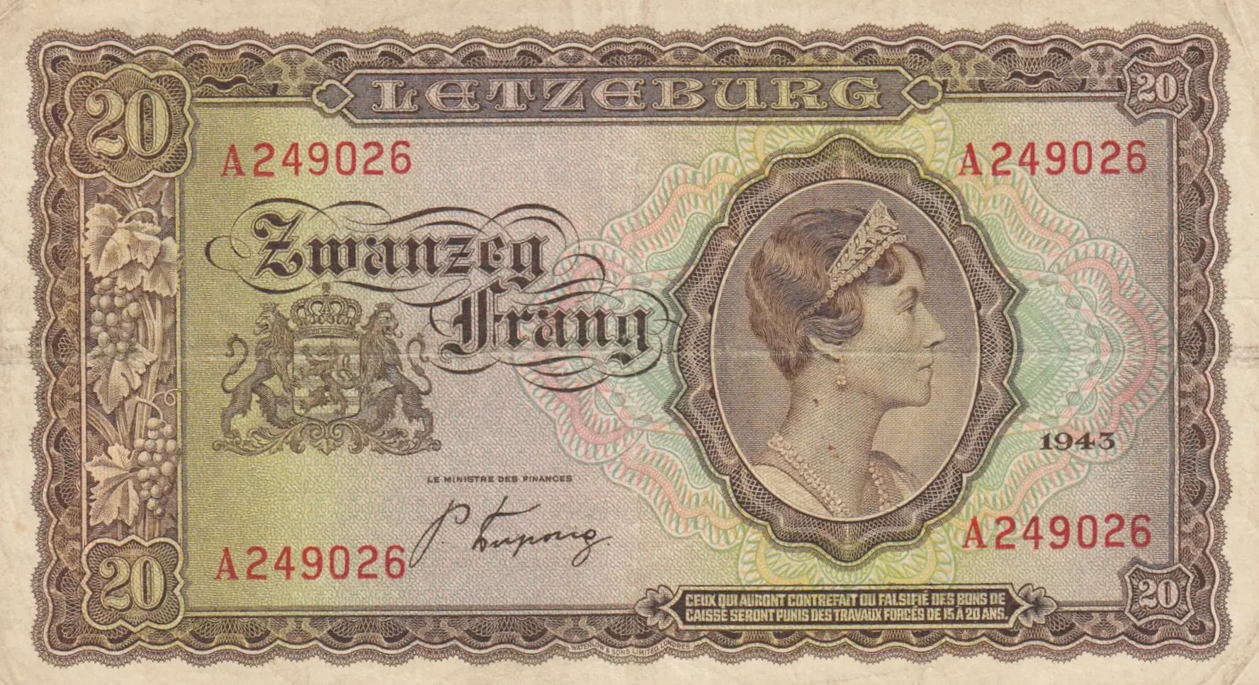 20 francs 1943 from Luxembourg, P-42