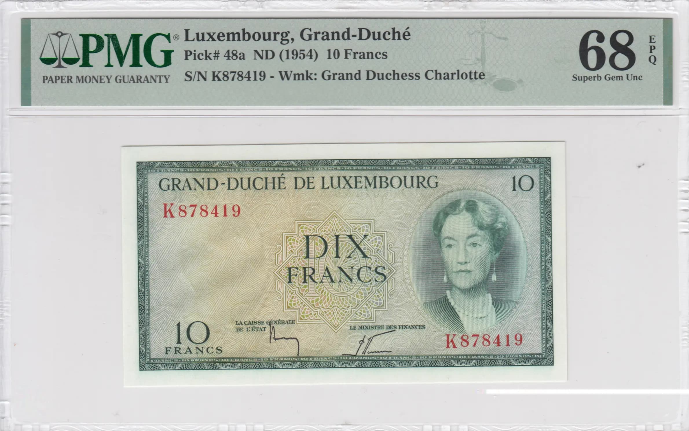 10 francs 1954 from Luxembourg, P-48