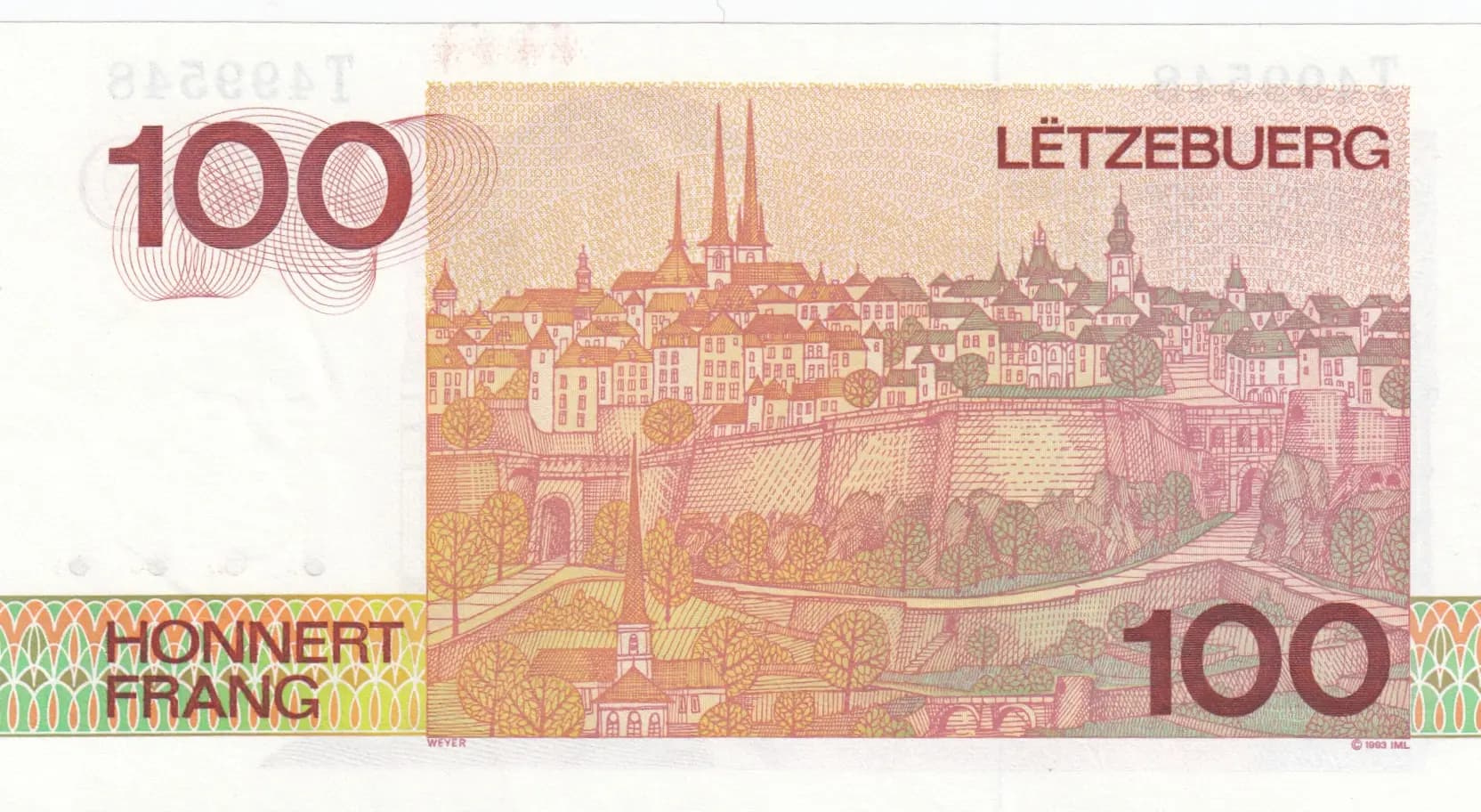 100 francs 1993 from Luxembourg, P-58b (1993) — image 2