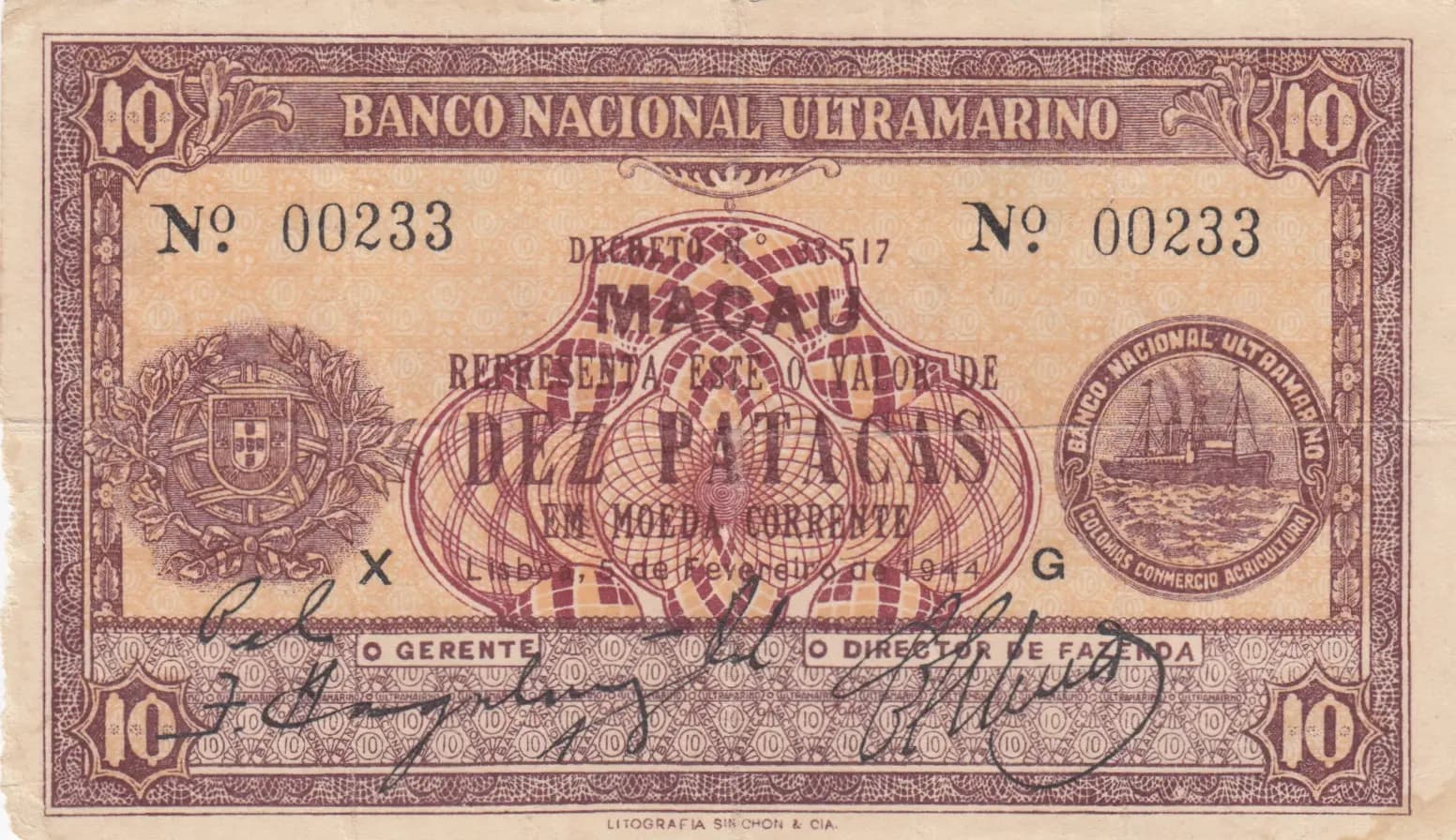 10 patacas 1944 from Macau, P-23