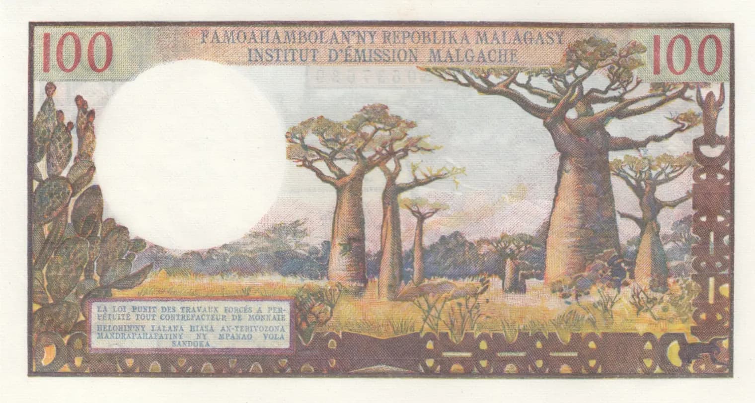 100 francs 1966 from Madagascar, P-57a (1966) — image 2
