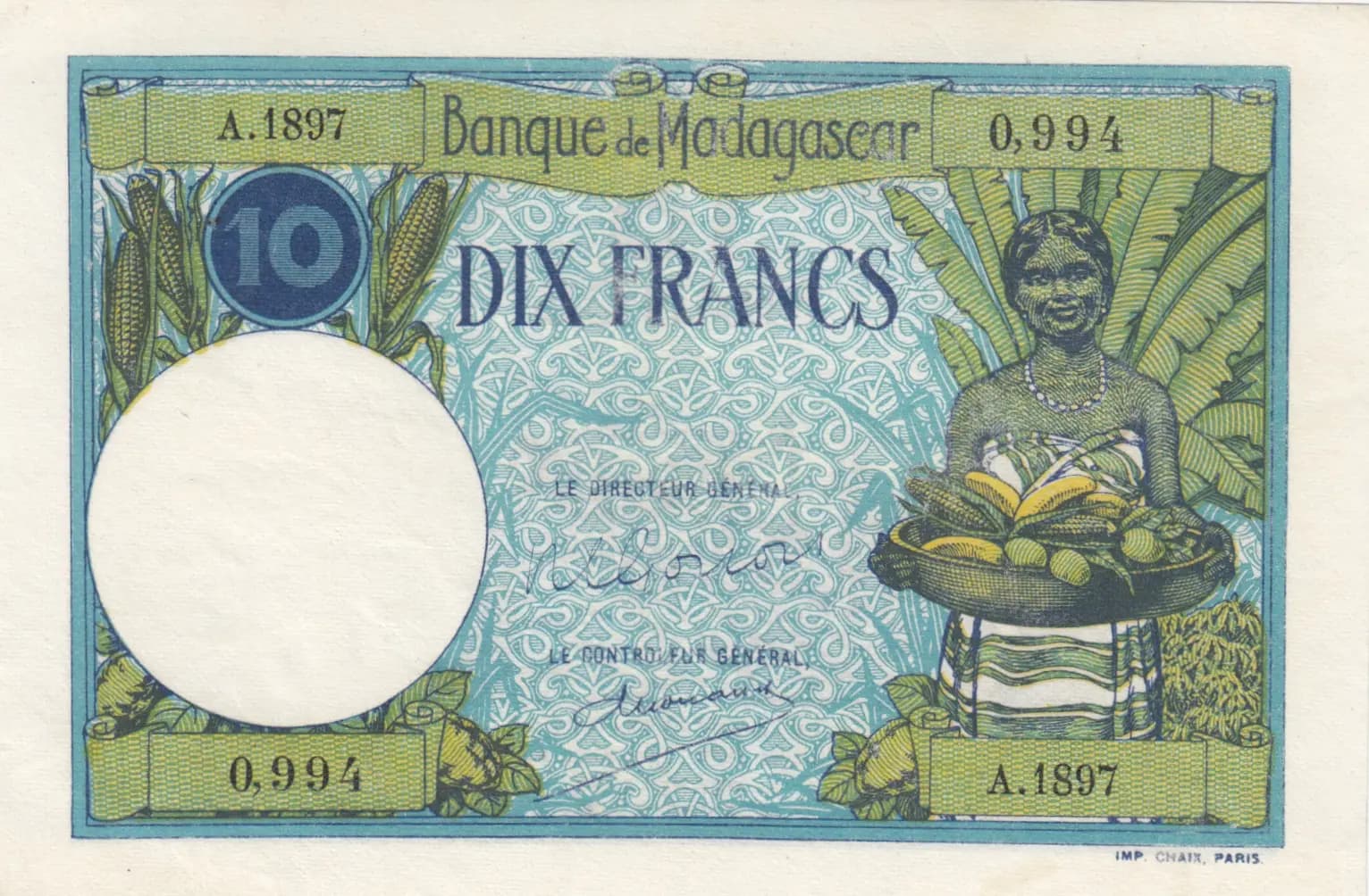 10 francs 1937 from Madagascar, P-36