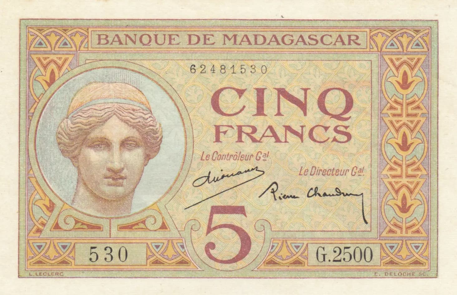 5 francs 1937 from Madagascar, P-35(2)