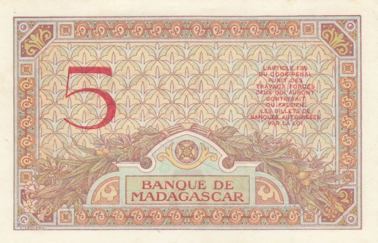 5 francs 1937 from Madagascar, P-35(2) (1937) — image 2