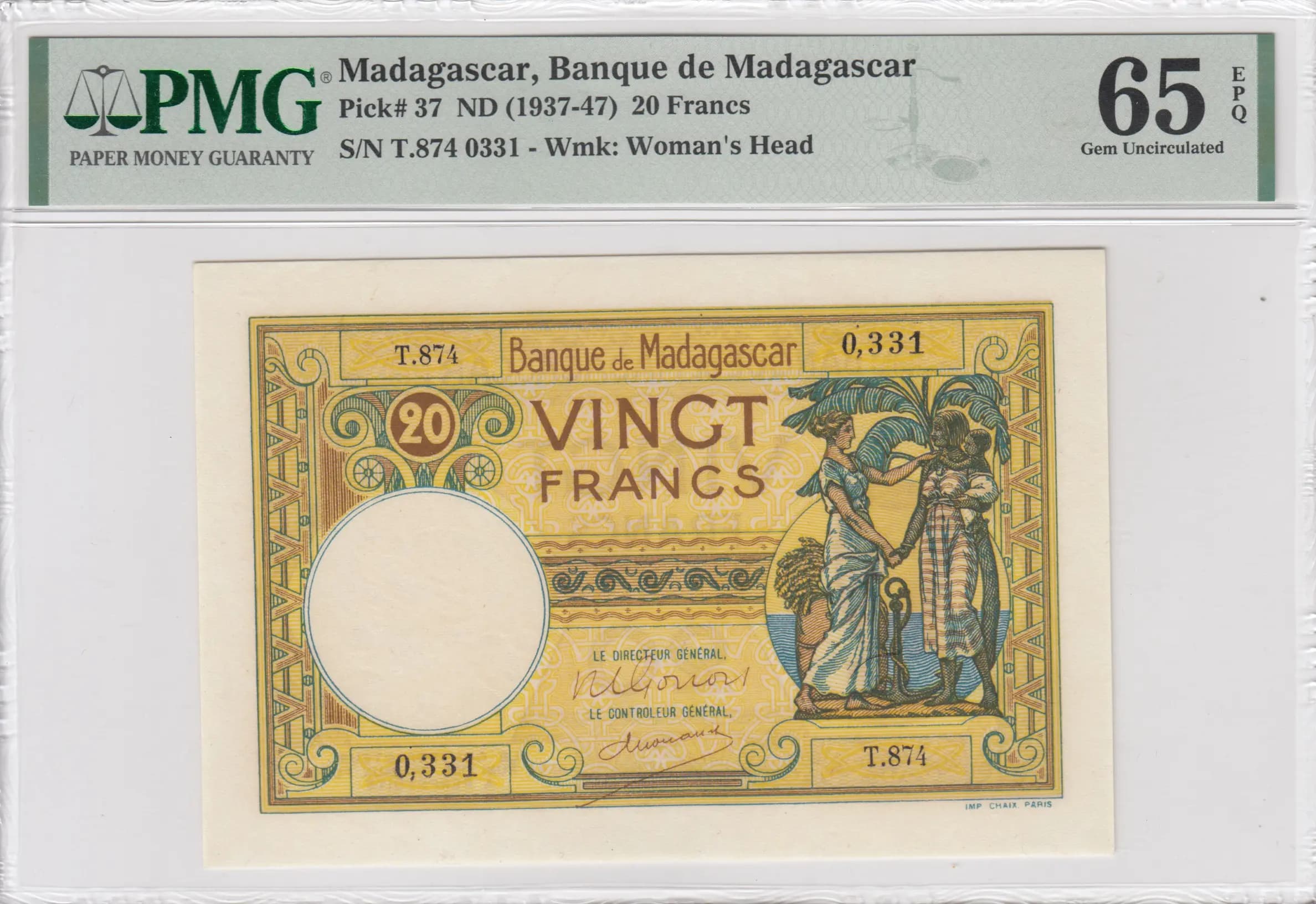 20 francs 1937 from Madagascar, P-37