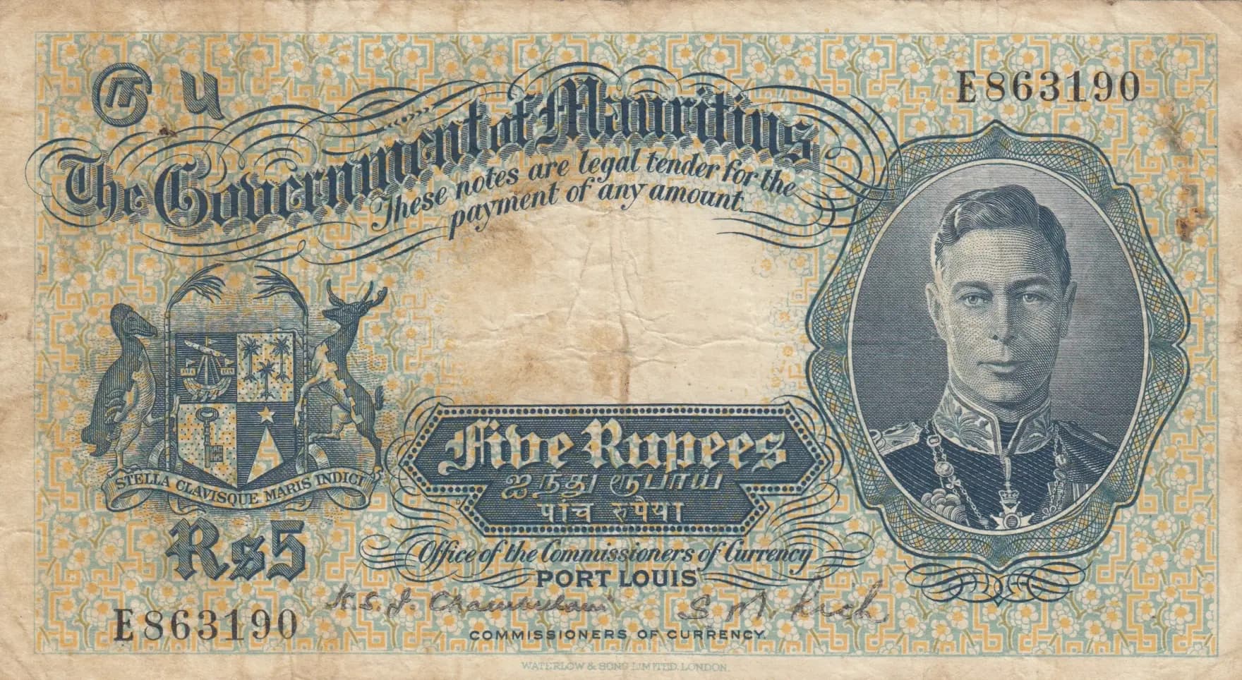 5 rupees 1937 from Mauritius, P-22
