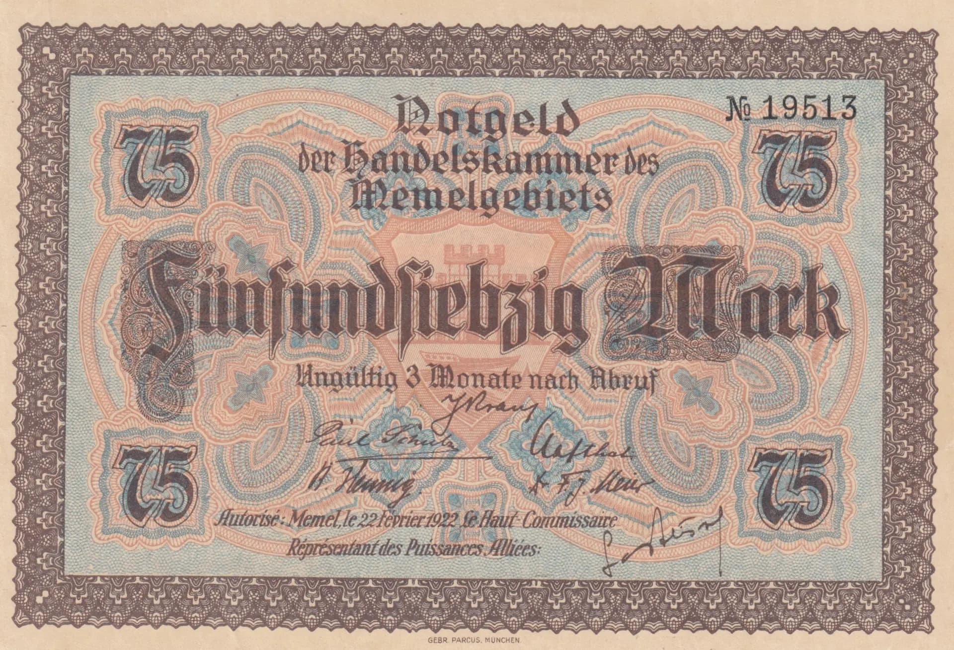 75 mark 1922 from Memel, P-8 (1922) — image 1