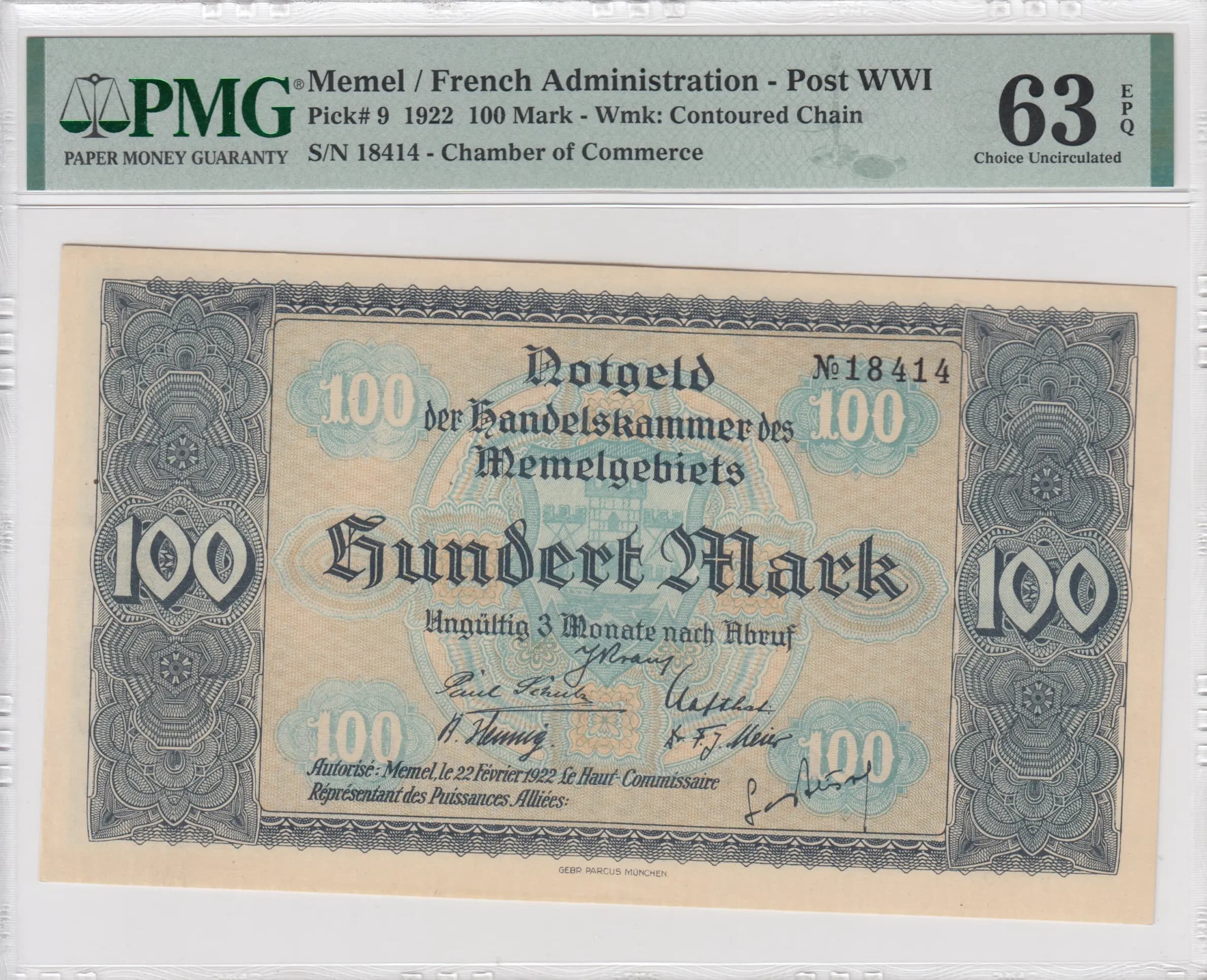 100 mark 1922 from Memel, P-9 (1922) — image 1