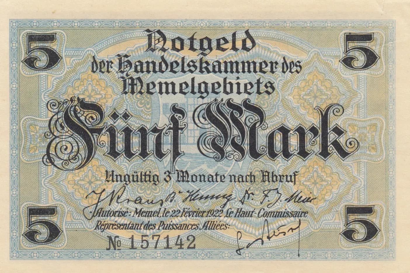 5 mark 1922 from Memel, P-4a