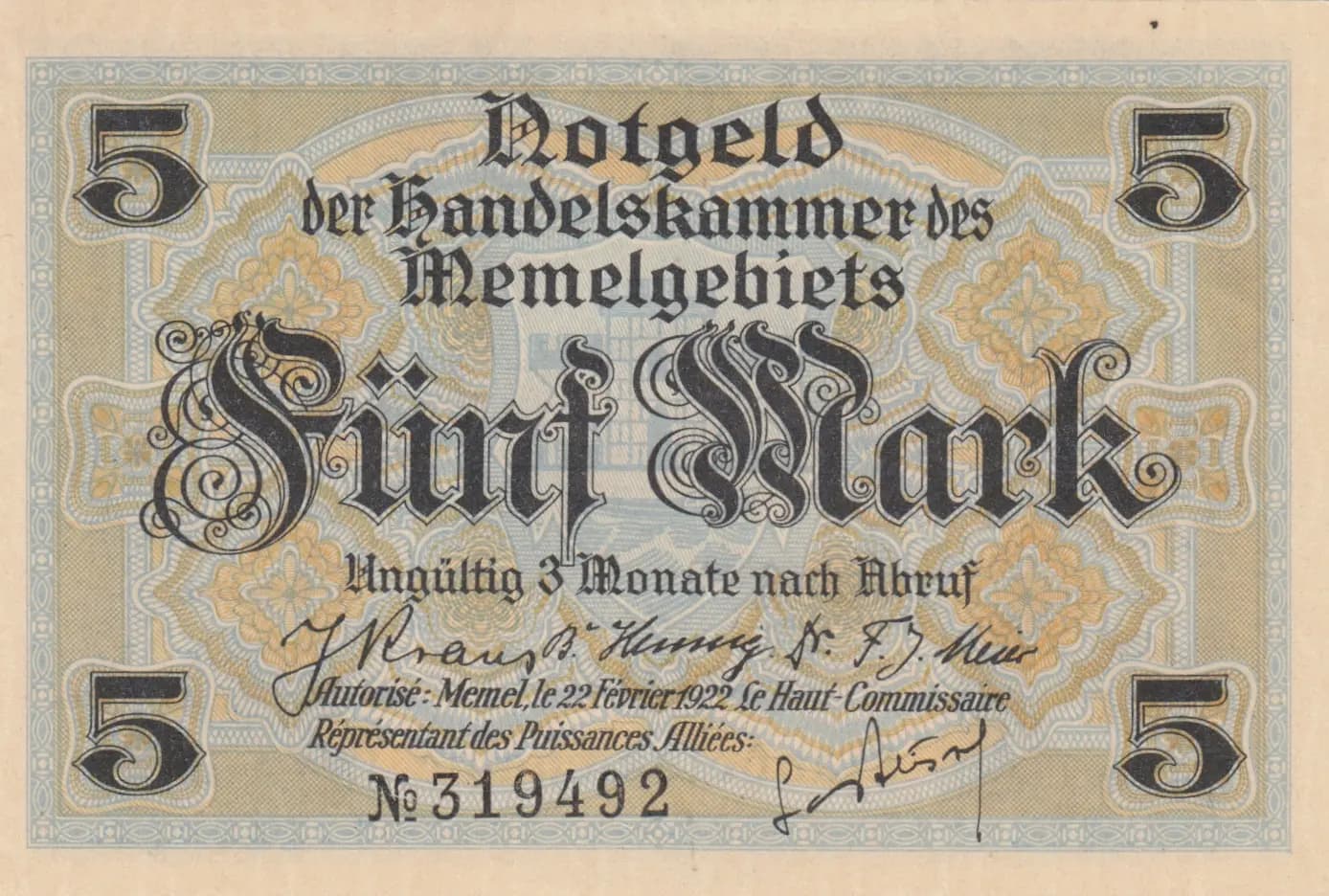 5 mark 1922 from Memel, P-4b