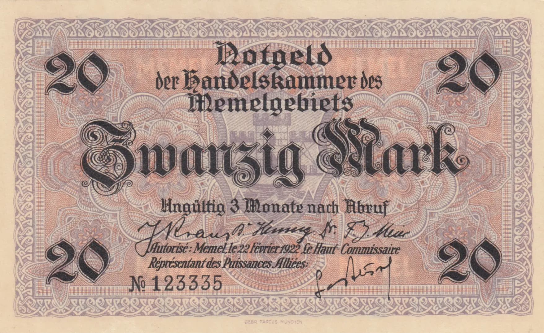 20 mark 1922 from Memel, P-6 (1922) — image 1