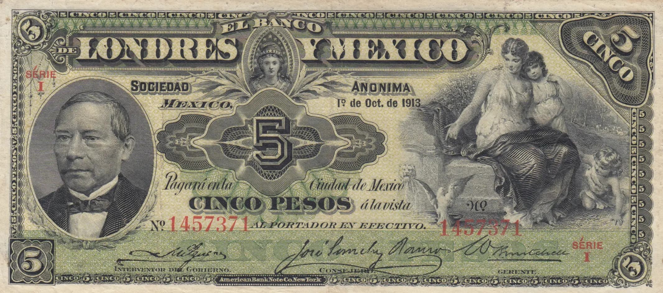 5 pesos 1913 from Mexico, P-S233d (1913) — image 1