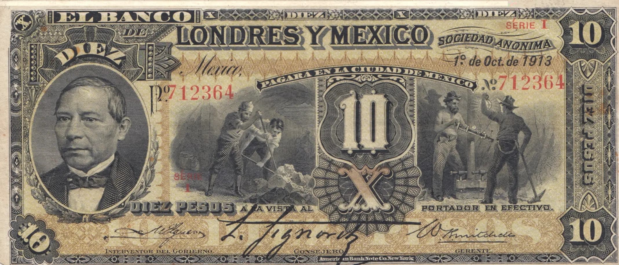 10 pesos 1913 from Mexico, P-S234e (1913) — image 1