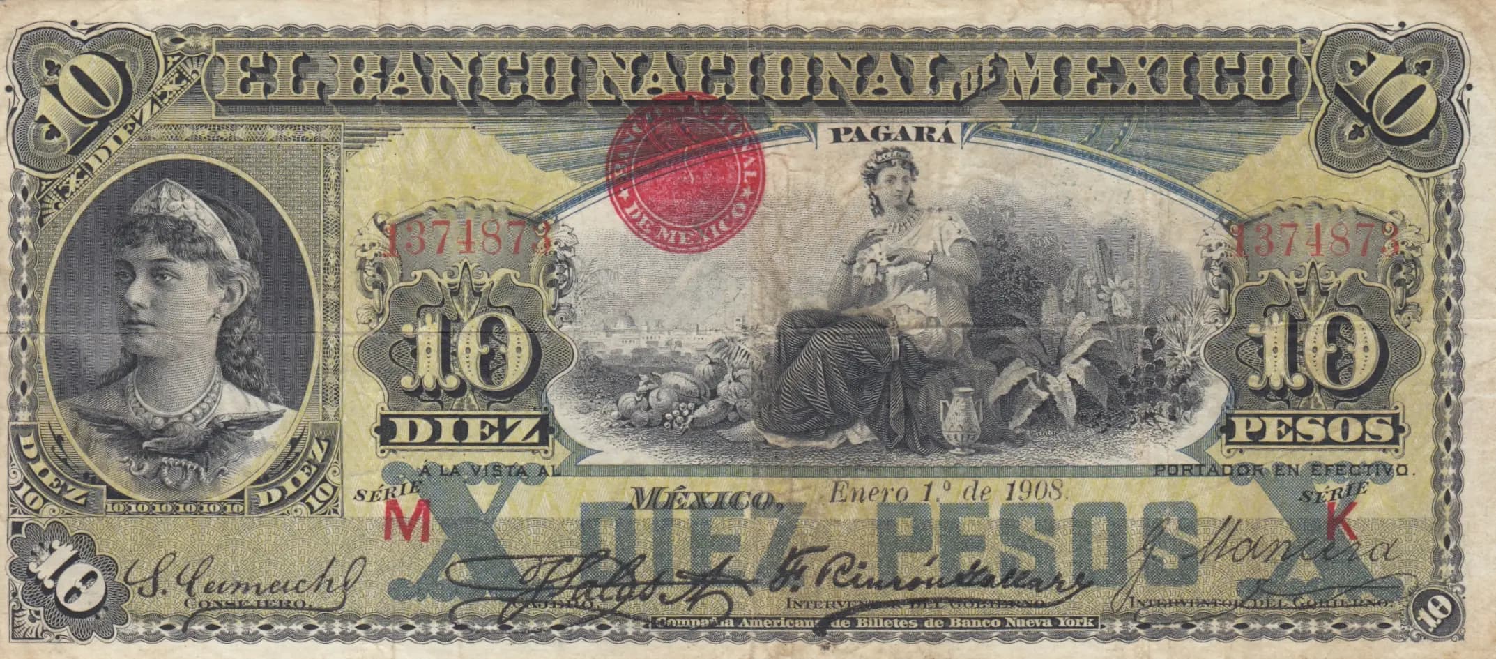 10 pesos 1908 from Mexico, P-S258d